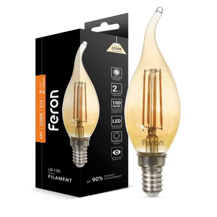 Світлодіодна лампа Feron Filament LB-159 6Вт E14 2200K свічка на вітрі (01520)