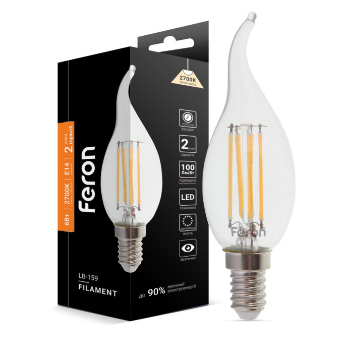 Світлодіодна лампа Feron Filament LB-159 6Вт E14 2700K свічка на вітрі (25750)