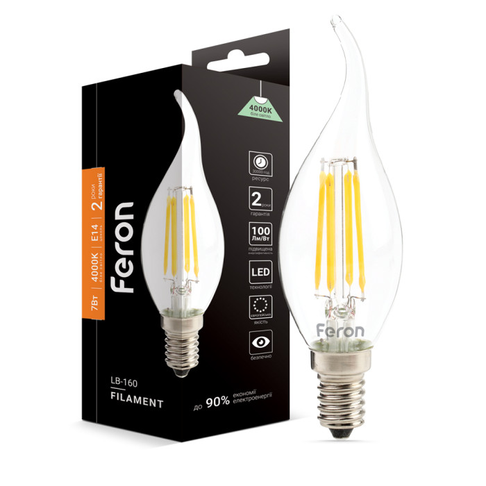 Світлодіодна лампа Feron Filament LB-160 7Вт E14 4000K свічка на вітрі (40085)