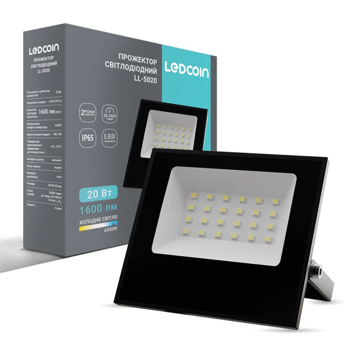 Світлодіодний прожектор Ledcoin LL-5020 20Вт 6500K чорний (80480)