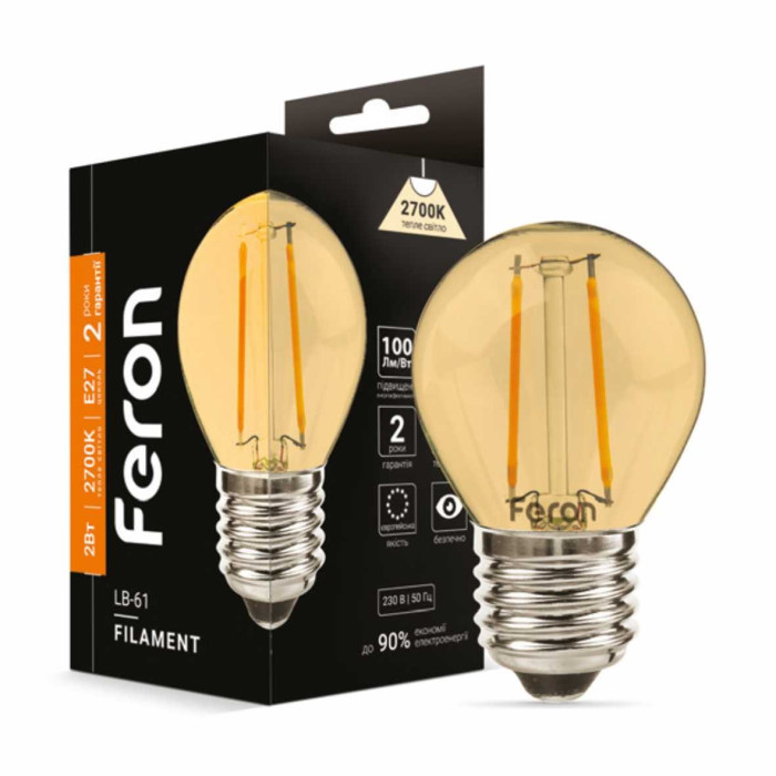 Світлодіодна лампа Feron Filament LB-61 2Вт E27 2700K золото (01866)
