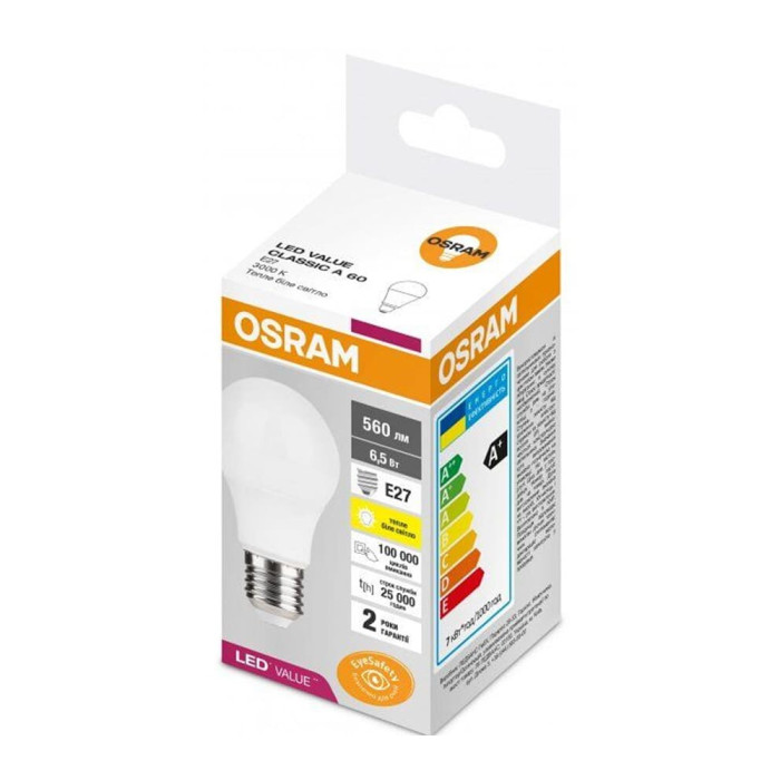 Лампа Osram 4058075623040 Led Value CL E27 6,5W/830 3000K 560Lm A60 230V FR (004885)