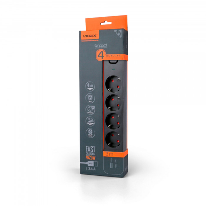 Мережевий подовжувач VIDEX ONCORD з/з 4п 3м (3x1.5мм) 3.4А USB(QC3.0) +USB-C(PD20W) з кнопкою Black (VF-PD43G1QC1PD-B)