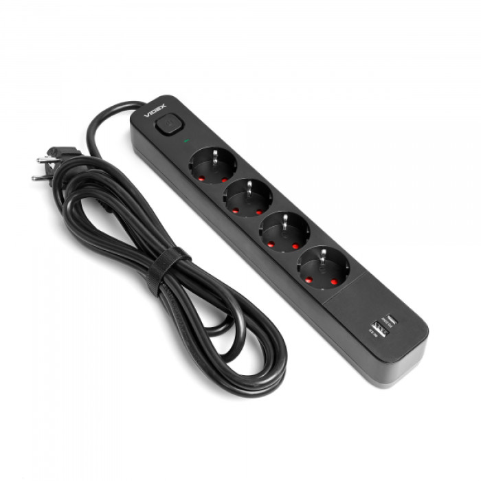Мережевий подовжувач VIDEX ONCORD з/з 4п 3м (3x1.5мм) 3.4А USB(QC3.0) +USB-C(PD20W) з кнопкою Black (VF-PD43G1QC1PD-B)