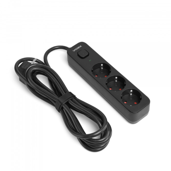 Мережевий подовжувач VIDEX ONCORD з/з 3п 3м (3x1.5мм) з кнопкою Black (VF-PD33G-B)