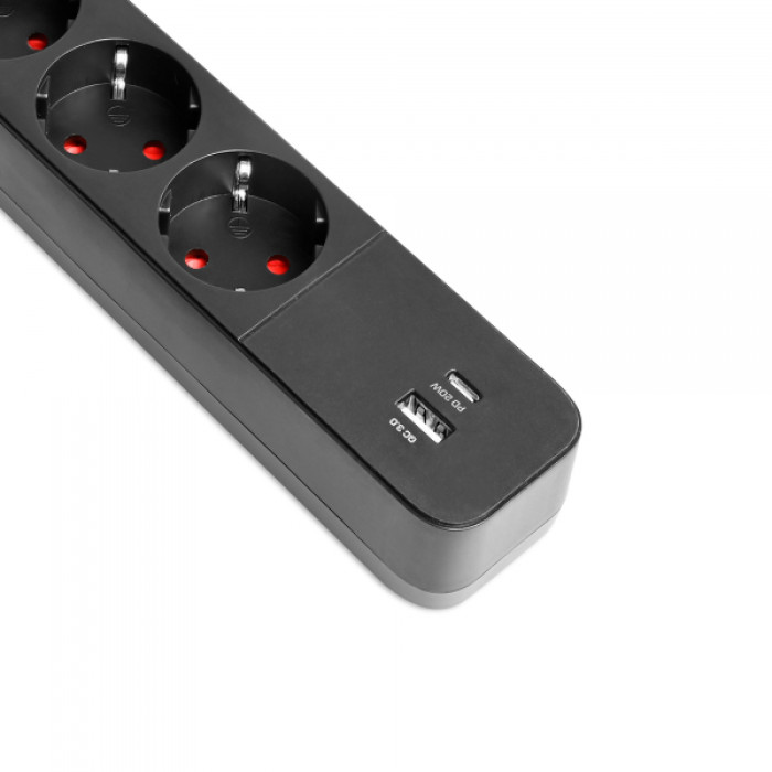 Мережевий подовжувач VIDEX ONCORD з/з 4п 3м (3x1.5мм) 3.4А USB(QC3.0) +USB-C(PD20W) з кнопкою Black (VF-PD43G1QC1PD-B)