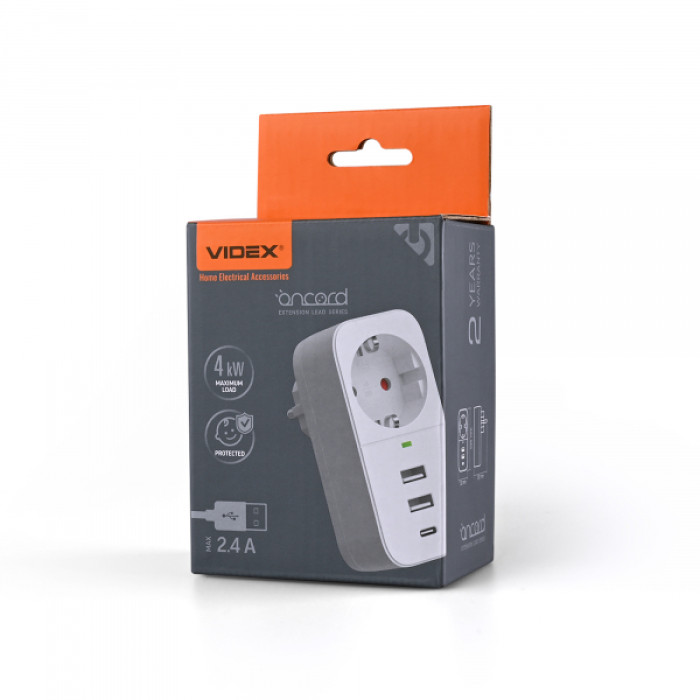 Мережевий адаптер VIDEX ONCORD з/з 1п 2.4A 2USB+USB-C White (VF-AD1G2U1C-W)
