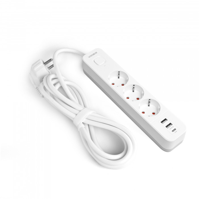 Мережевий подовжувач VIDEX ONCORD з/з 3п 3м (3x1.5мм) 2.4А 2USB+USB-C з кнопкою White (VF-PD33G2U1C-W)