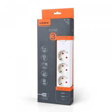Мережевий подовжувач VIDEX ONCORD з/з 3п 3м (3x1.5мм) 2.4А 2USB+USB-C з кнопкою White (VF-PD33G2U1C-W)