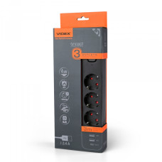 Мережевий подовжувач VIDEX ONCORD з/з 3п 3м (3x1.5мм) 2.4А 2USB+USB-C з кнопкою Black (VF-PD33G2U1C-B)