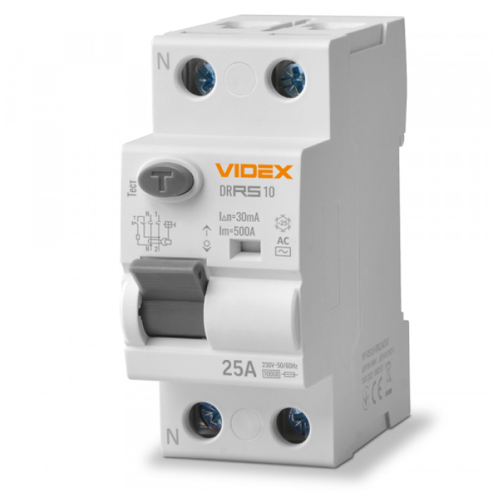 Диференційне реле VIDEX RESIST АС 2п 30мА 10кА 25А (VF-RS10-DR2AC25)