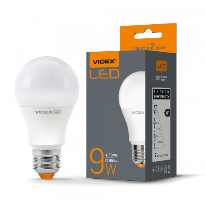 LED лампа VIDEX  A60e 9W E27 3000K (VL-A60e-09273)
