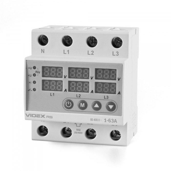 Трифазне реле контролю напруги та струму VIDEX RESIST 145-300В 1-63А (VF-RS-3RNT63)