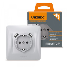 Розетка одинарна із заземленням та 2USB срібний шовк VIDEX BINERA (VF-BNSK1GU2-SS)