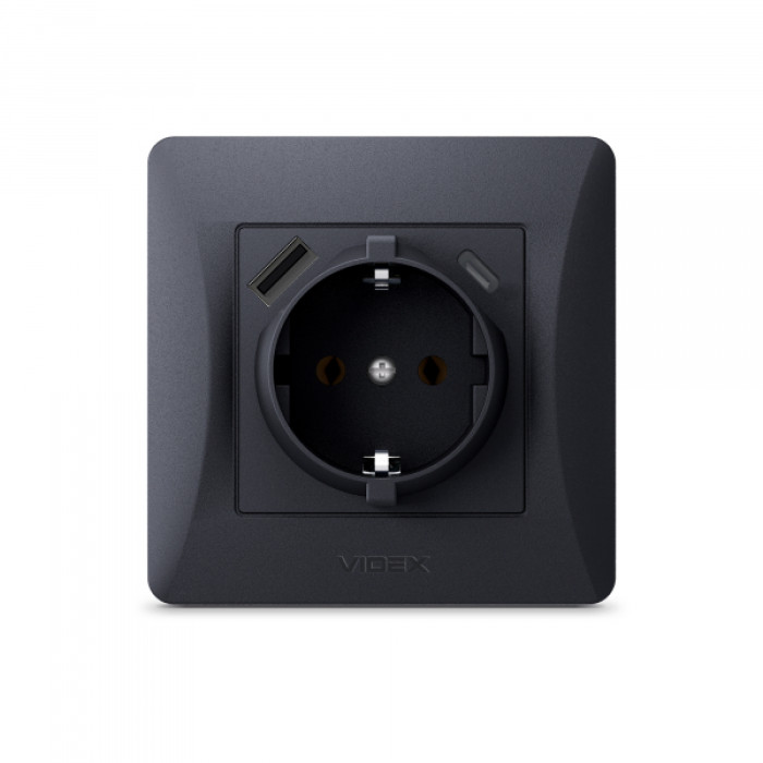 Розетка одинарна із заземленням з USB+USB-C чорний графіт VIDEX BINERA (VF-BNSK1GUC-BG)
